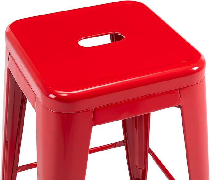 Vogue Furniture Direct 24 Inch Metal Bar Stools, Backless Counter Height Barstools, Indoor Outdoor Stackable Stools with Square Seat, Set of 2 (Red)
