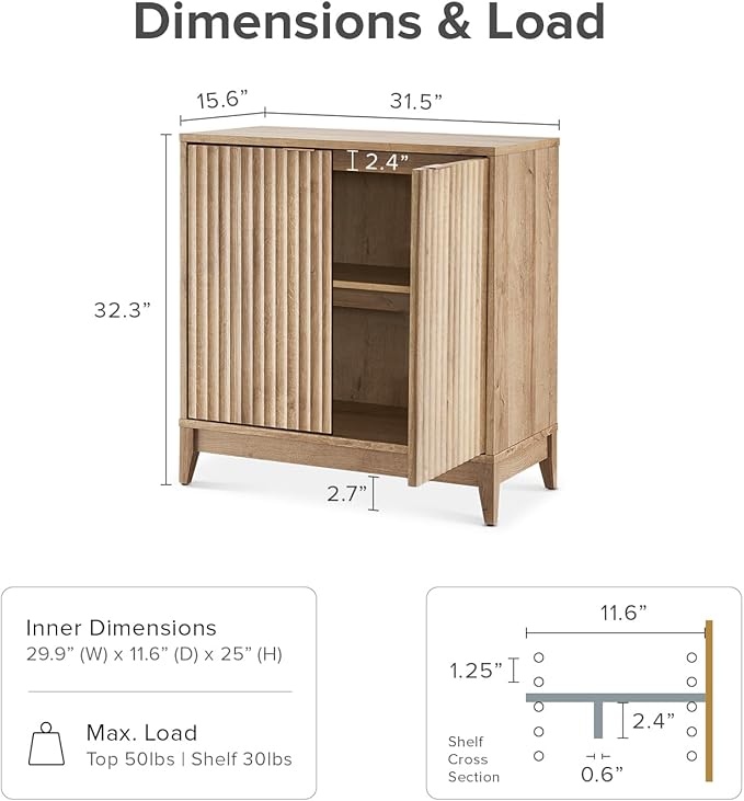 mopio Brooklyn Storage Cabinet, Modern Farmhouse Entryway Accent Case, Buffet Sideboard, Console Table, Credenza, Wood Modular Organizer with Doors & Shelf, Fluted Panel Cupboard (Oak, Single)