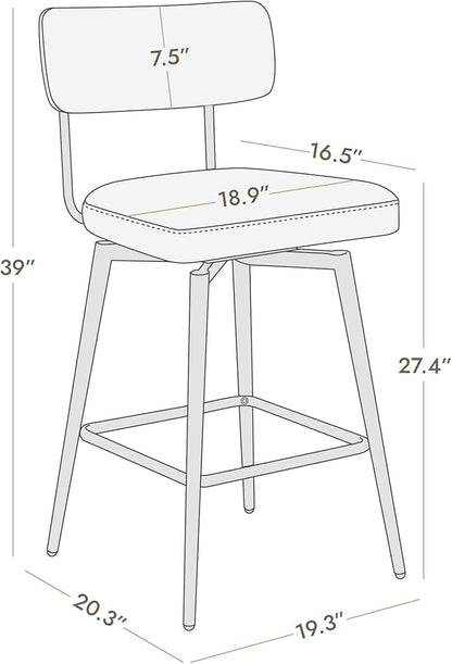 Watson & Whitely Swivel Counter Height Bar Stool Chairs Set of 2, 27.4" Faux Leather Upholstered Counter Stools with Back and Metal Frame, Grey