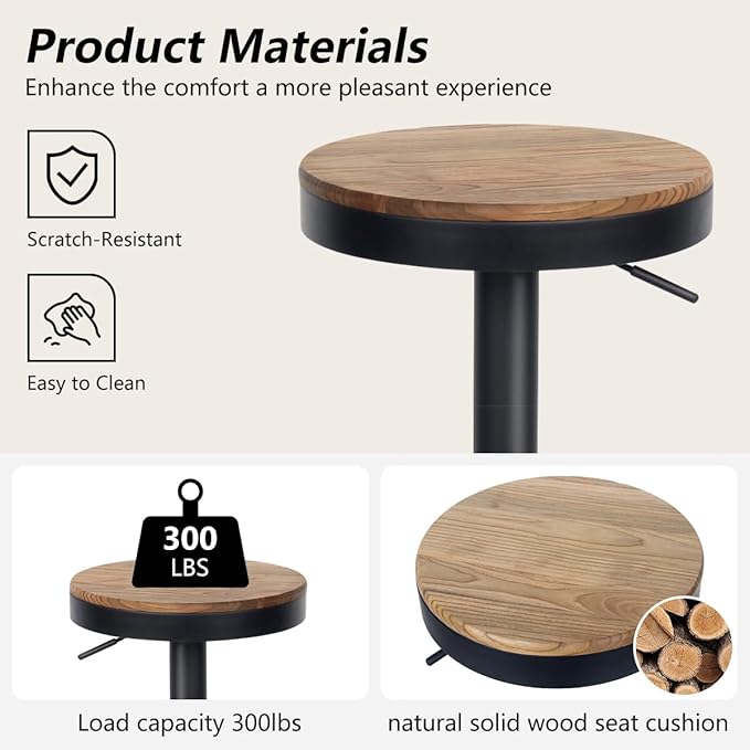 Kidol & Shellder Black Bar Stools Set of 2 Adjustable Swivel Backless Barstools Modern Round Wooden Seat Counter Height Bar Chairs Armless for Kitchen Island, Cafe, Dining Room