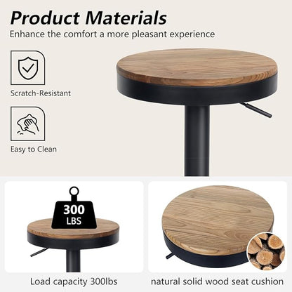 Kidol & Shellder Black Bar Stools Set of 2 Adjustable Swivel Backless Barstools Modern Round Wooden Seat Counter Height Bar Chairs Armless for Kitchen Island, Cafe, Dining Room