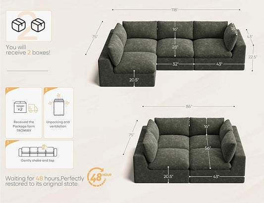 120" Cloud Sectional Couch | Oversize Boneless Couches for Living Room | 4 Seater Modern L-Shape Sofa | Green