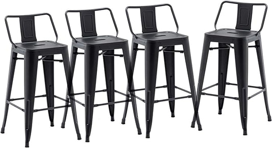 HAOBO Home 30" Low Back Metal Counter Stool Height Bar Stools [Set of 4] for Indoor/Outdoor Barstools, Matte Black