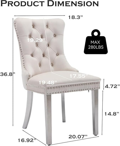 Velvet Upholstered Dining Chairs Set of 6, Modern Style Kitchen Side Chairs with Nailhead Trim and Silver Plated Leg, Metal Pulling Ring for Dining Room Living Room