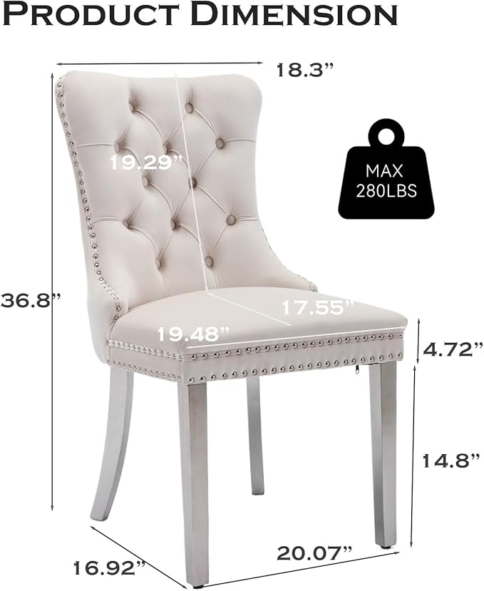 Velvet Upholstered Dining Chairs Set of 2, Modern Style Kitchen Side Chairs with Nailhead Trim and Silver Plated Leg, Metal Pulling Ring for Dining Room Living Room(Creamy White)