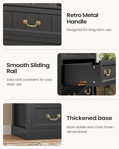 AOGLLATI Farmhouse Dresser with 6 Drawers, 51.2”Tall Wooden Chest of Drawers with Natural Texture, Vintage Design, Black Dresser for Bedroom, Black