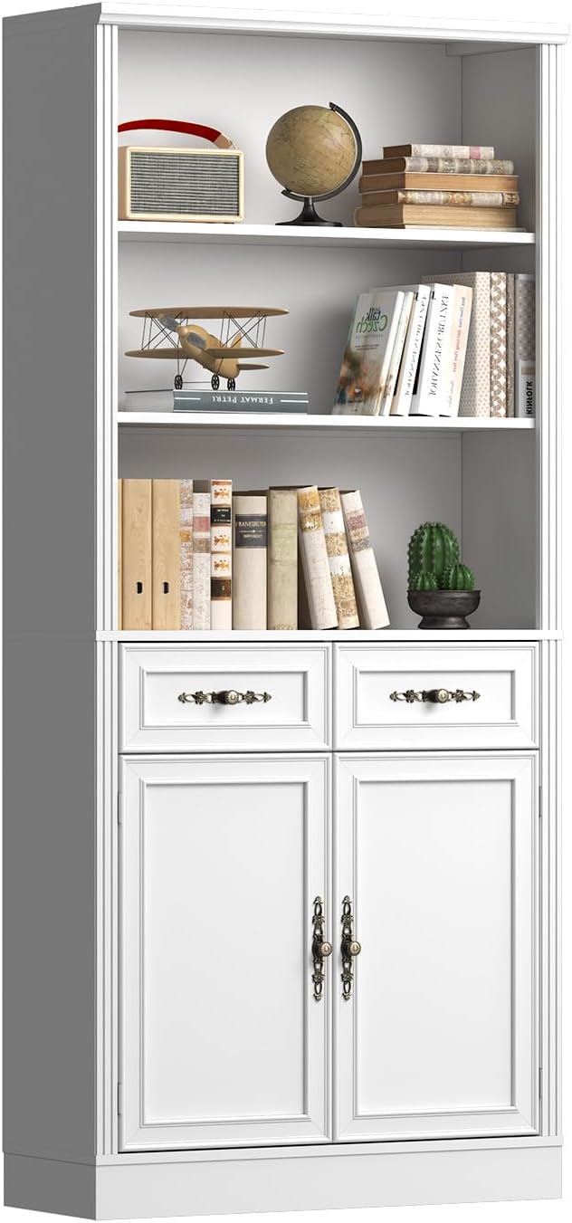 72'' Tall Bookcase with Doors and Drawers, Adjustable Shelves, P2 MDF Construction, 32'' Wide Freestanding Cabinet with Metal Handles, Hidden Storage for Living Room, Bedroom, White