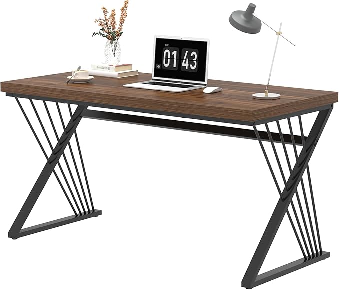 FOLUBAN Computer Desk for Home Office Workstation, Modern Writing Study Work Table, PC Gaming Table for Bedroom Living Room, Rustic Walnut, 53 Inch
