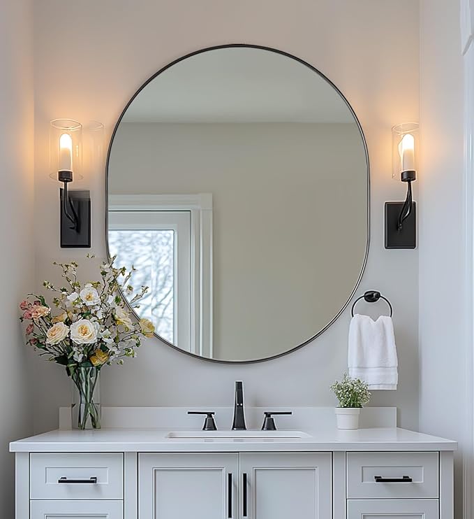 ANDY STAR 30x36'' Oval Mirror, Black Oval Mirror Pill-Shaped Design in Stainless Steel Metal Frame for Bathroom, Entryway, Living Room, Contemporary 1" Deep Wall Mount Vertical or Horizontal