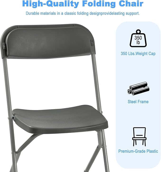 6 Pack Grey Heavy Duty Plastic Foldable Chair, Stackable Chairs with Reinfoced Steel Frame for Indoor and Outdoor, Wedding, Party, Restaurant, Meeting Room, Patio