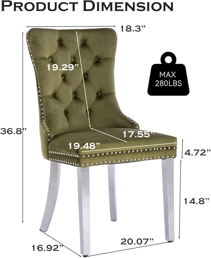 Velvet Upholstered Dining Chairs Set of 6, Modern Kitchen Side Chairs with Nailhead Trim and Silver Plated Leg, Metal Pulling Ring for Dining Room Living Room(Olive Green-Silver Plated Leg)
