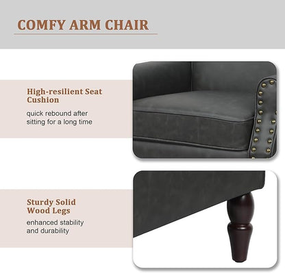 Accent Chair, Mid Century Modern Faux Leather Arm Chair with Wood Leg for Living Room, Bedroom, Comfy PU Leather Club Reading Chairs with Wingback & Nailhead Trim (Leather Black Grey, Set of 2)