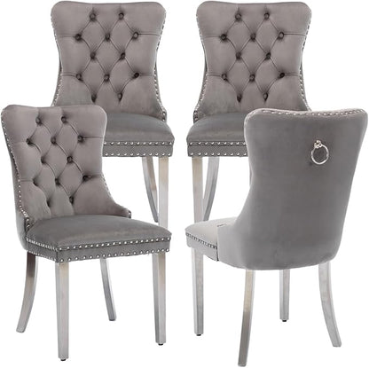 Velvet Upholstered Dining Chairs Set of 4, Modern Style Kitchen Side Chairs with Nailhead Trim and Silver Plated Leg, Metal Pulling Ring for Dining Room Living Room(Gery-Silver Plated Leg)