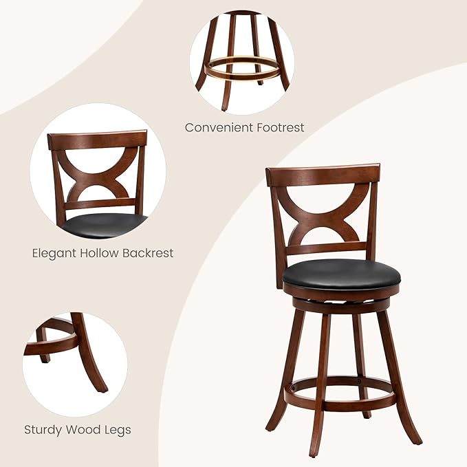 COSTWAY Bar Stools Set of 4, 360-Degree Swivel Chairs with Soft Cushion & Elegant Hollow Backrest, Rubber Wood Footrests, Upholstered Swivel Counter Stools for Kitchen Island, Pub, Café (4, 24‘’)