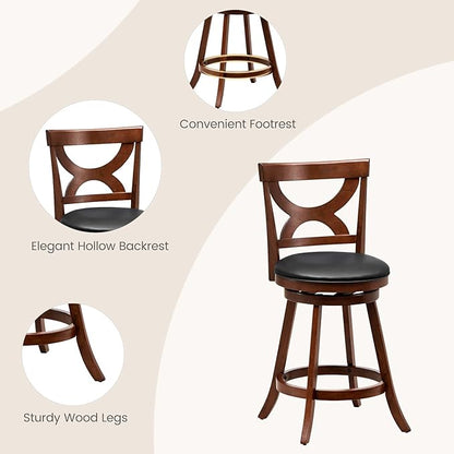 COSTWAY Bar Stools Set of 4, 360-Degree Swivel Chairs with Soft Cushion & Elegant Hollow Backrest, Rubber Wood Footrests, Upholstered Swivel Counter Stools for Kitchen Island, Pub, Café (4, 24‘’)