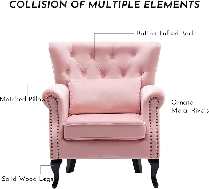 Accent Reading Arm Chairs for Living Room Bedroom, Midcentury Modern Comfy Corner Sofa Chair, Wingback Waiting Room Club Chair with Button Tufted Back &Lumbar Pillow, Velvet Pink