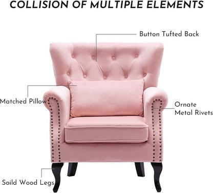 Accent Reading Arm Chairs for Living Room Bedroom, Midcentury Modern Comfy Corner Sofa Chair, Wingback Waiting Room Club Chair with Button Tufted Back &Lumbar Pillow, Velvet Pink