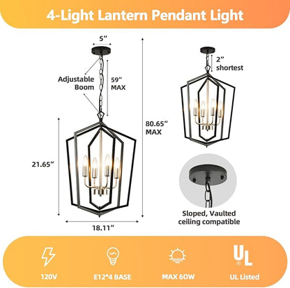 4-Light Farmhouse Chandelier for Dining Room, Modern Foyer Lighting Fixture, 18.1" Lantern Pendant Light, Kitchen Island Hanging Pendant Light Fixture, for Bedroom, Entryway Hallway