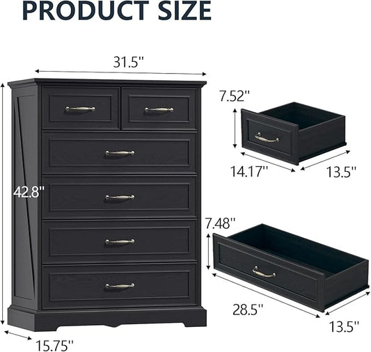 6 Drawer Dresser for Bedroom, 43" Tall Wooden Chest of Drawers, Rustic Farmhouse Dresser with Large Drawers & Metal Handles, Modern Storage Organizer for Closet, Living Room, Hallway, Black