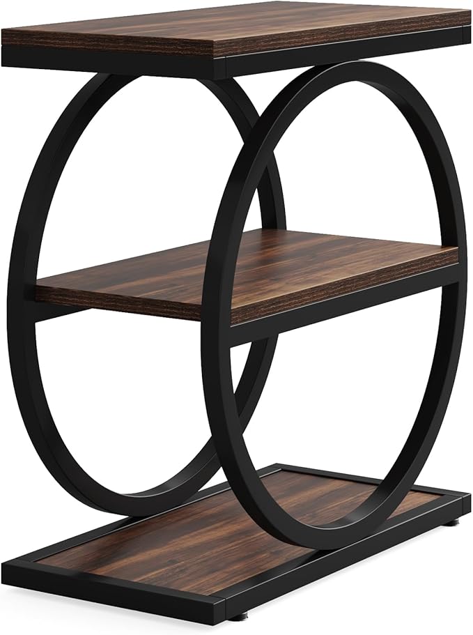 LITTLE TREE 3-Tier End Table Set of 2, Industrial Side Table with Storage Shelves, Small Sofa Side Table for Living Room, Wooden Side End Table with Round Metal Legs, Slim Nightstand and Bedside Table