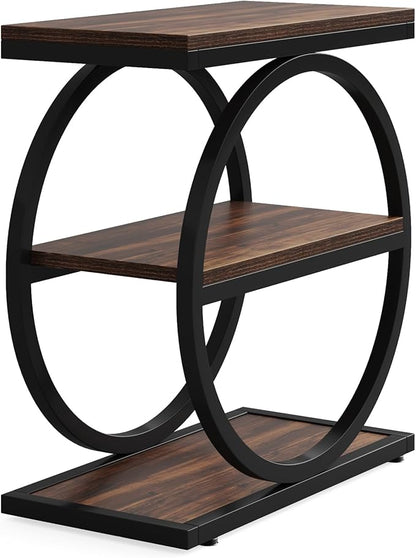 LITTLE TREE 3-Tier End Table, Industrial Side Table with Storage Shelves, Small Sofa Side Table for Living Room, Wooden Side End Table with Double Round Metal Legs