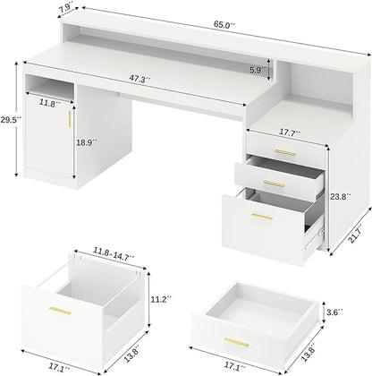 Computer Desk with 3 Drawer & Storage Shelves, Home Office Desk with File Drawer & Cabinet, Writing Study Table with Long Monitor Stand & Printer Shelf, Executive Desk, White