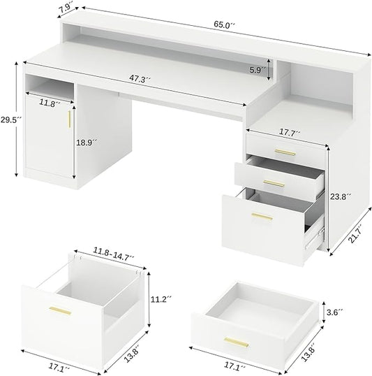Computer Desk with 3 Drawer & Storage Shelves, Home Office Desk with File Drawer & Cabinet, Writing Study Table with Long Monitor Stand & Printer Shelf, Executive Desk, White