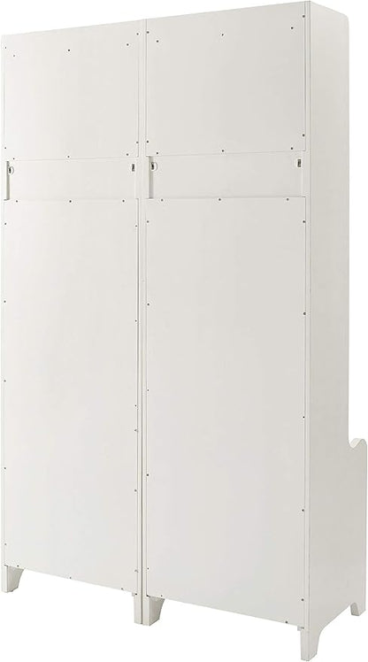 Crosley Furniture Fremont 2-Piece Hall Tree Entryway Set with Storage Cabinets and Coat Rack Hooks, Distressed White