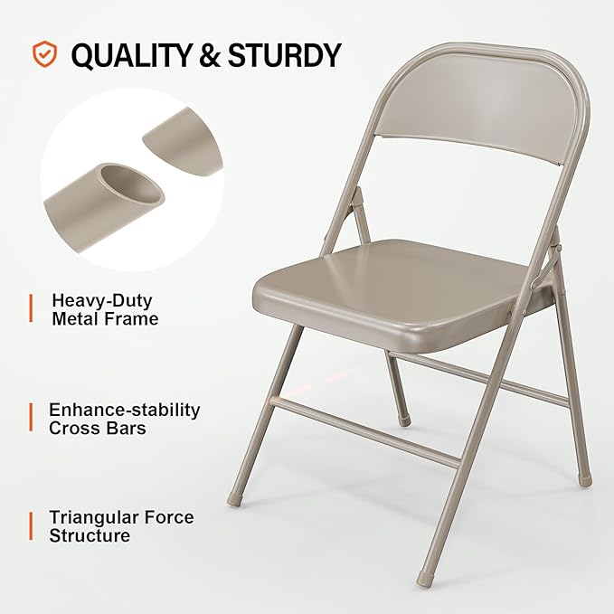 VINGLI Folding Chairs All Steel Metal Frame, Capacity 350 lbs, Durable Portable and Versatile for Indoor Outdoor Use, Khaki, Set of 8