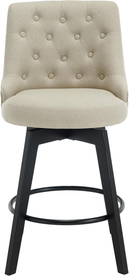 MINCETA Set of 4 Upholstered Bar Stools - 26 Inch Swivel Counter Height Stools with Low Tufted Back, Footrest & Performance Fabric - Khaki Round Seat for Kitchen Island & Home Bar