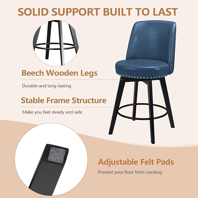 MINCETA Bar Stool, PU Leather Barstool, 26 Inch Upholstered Counter Stool with High Back and Footrest, Swivel Counter Height Barstool for Kitchen Island Home Bar Navy Blue