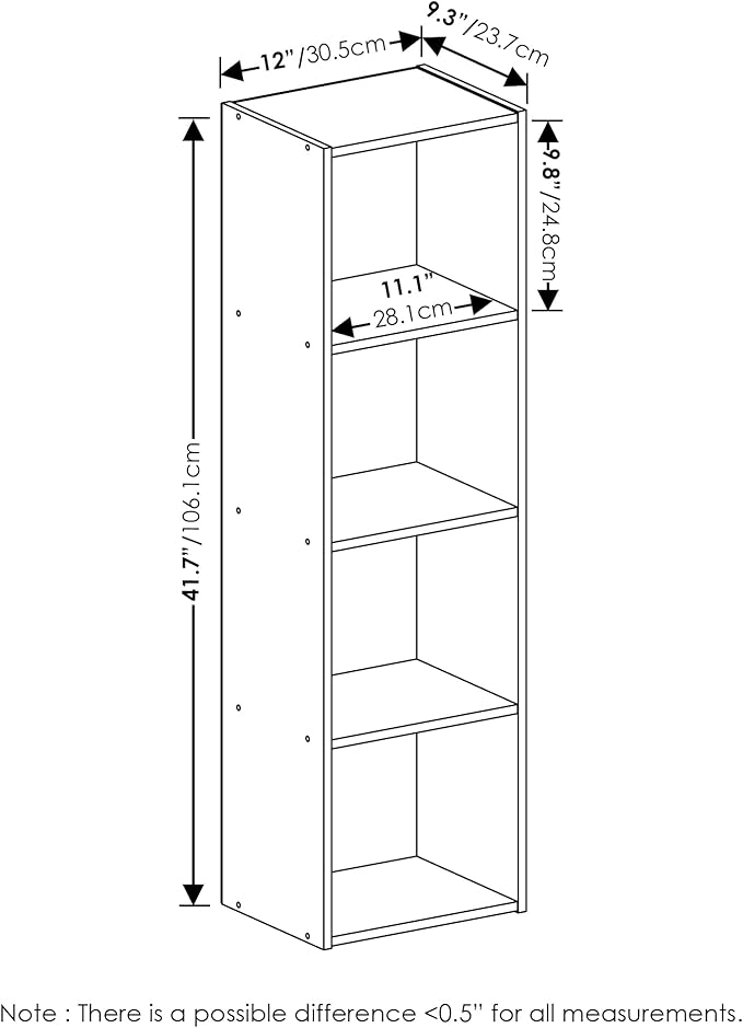 Furinno PASIR Book Shelf, 4-Tier Modern Bookshelf, Open Shelves Bookcase 9 x 12 x 42, for Living Room, Bedroom, Home Office, French Oak