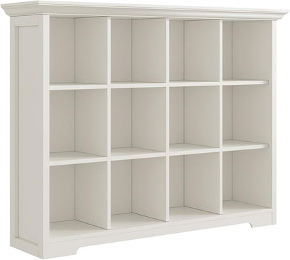 Wooden Cube Bookcase with Base - Modern 3 Tiers Floor Standing Open Shelf Cabinet for Home and Office, 12-Cube Lattice Bookshelf, Warm White