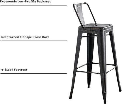 AC Pacific 30” Metal Barstool Set of 2 – Country Rustic Style with Low Back, Lightweight & Sturdy Build, Easy Assembly – Distressed Black