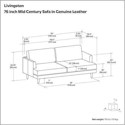 SIMPLIHOME Livingston 76-inch Wide Sofa in Coal Top Grain Genuine Leather, Handcrafted Mid-Century Modern Loveseat for Living Room, Compact 2-Seater with Feather-Wrapped Cushions and Solid Wood Frame