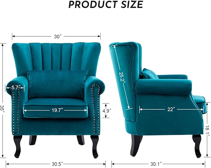 Accent Reading Arm Chairs Set of 2 Midcentury Modern Comfy Corner Sofa Chair, Wingback Waiting Room Club Chair with Tufted Back for Living Room/Bedroom/Reception Room, Velvet Teal
