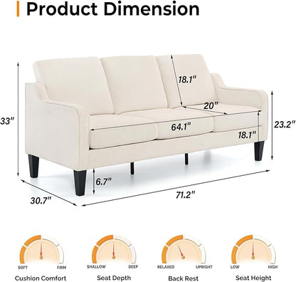 VINGLI Small Couch Sofa 71" Comfy Couches for Living Room Beige 3 Seat Sofa Couch Mid Century Modern Sofa Furniture Couches with Scooped Arms for Small Spaces, Bedroom, Apartment, Studio