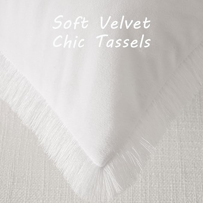 FUTEI Cream White Velvet Decorative Throw Pillow Covers 18x18 Set of 2,Soft Cozy Edge with Tassels Cushion Case,Boho Modern Home Decor for Couch Bed Living Room