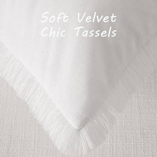 FUTEI Cream White Velvet Decorative Throw Pillow Covers 20x20 Set of 2,Soft Cozy Edge with Tassels Cushion Case,Boho Modern Home Decor for Couch Bed Living Room