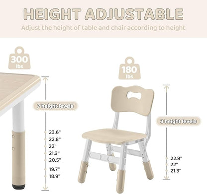 Kids Table and 2 Chairs Set, Height-Adjustable Toddler Table and Chairs Set with Graffiti Desktop, 23.6''L x 23.6''W Children Activity Table for Daycare, Classroom, Home, Burlywood-w