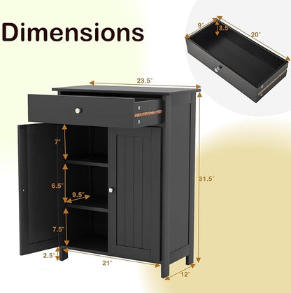 Tangkula Bathroom Storage Cabinet, Freestanding Floor Organizer w/ 2 Doors, 1 Drawer & 1 Adjustable Shelf, Modern Home Bathroom Furniture for Living Room Entryway Kitchen (Cabinet & Drawer, Black)