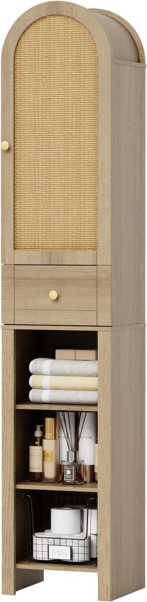 70" Tall Bathroom Storage Cabinet with Rattan Door，Narrow Storage Cabinet with Drawer Adjustable Shelves, Modern Arched Design Bathroom Cabinet for Bathroom, Living Room, Kitchen, Natural