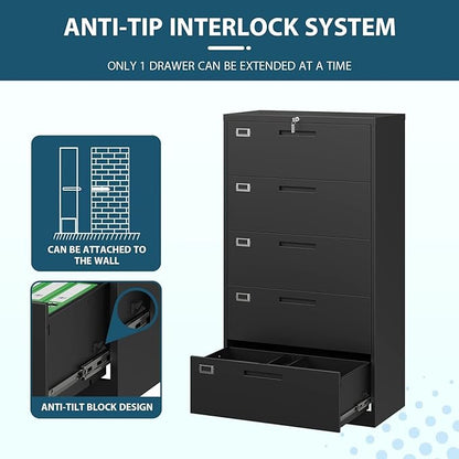 Lateral Filing Cabinet,5 Drawer File Cabinet with Lock,Office Lateral File Cabinets for Legal/Letter A4 Size,Require Assembly, Black