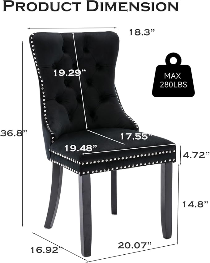 Velvet Upholstered Dining Chairs Set of 2, Modern Style Kitchen Side Chairs with Nailhead Trim and Wood Legs,Metal Pulling Ring for Dining Room Living Room(Black,Set of 2)
