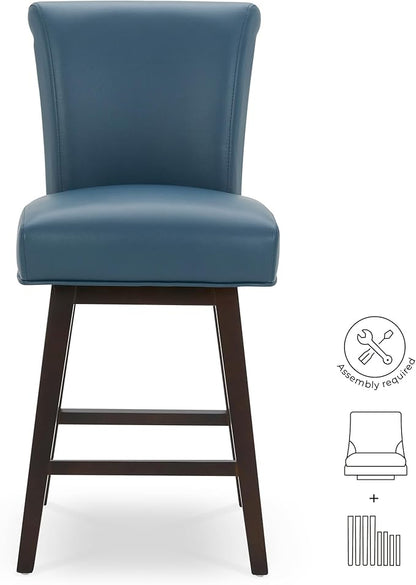 CHITA 26 Inch Counter Height Swivel Bar Stools Set of 3, FSC Certified Modern Upholstered Faux Leather Swivel Barstool Chair with Back, Blue