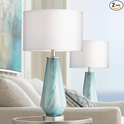 Possini Euro Design Jaime Modern Table Lamps 26" Tall Set of 2 Blue Smoky Gray Swirls Art Glass White Fabric Drum Shade Decor for Bedroom Living Family Room Bedside Nightstand House Home Office