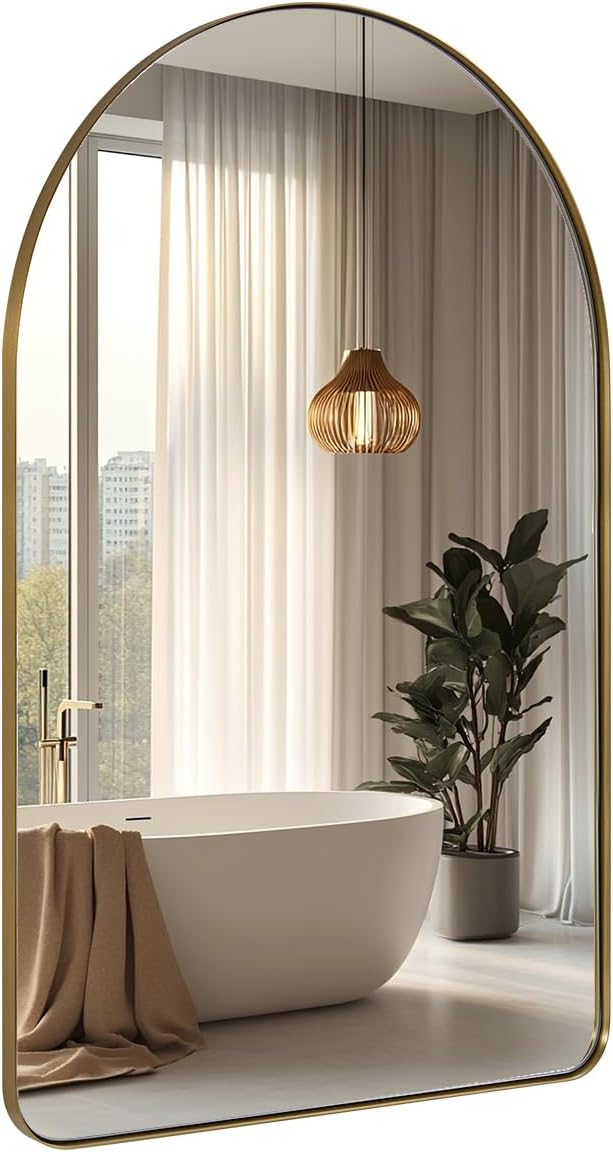 ANDY STAR Arched Mirror, 20 x 30 Inch Gold Bathroom Mirror in Stainless Steel Metal Frame, Arch Top Rounded Corner 1 Inch Deep Set Design Wall Mount Hangs Vertical