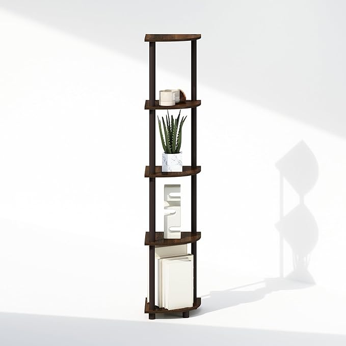 Furinno Turn-N-Tube Corner Shelf, 5-Tier Corner Display Rack, Shelving Unit, for Organization and Storage, Living Room, Home Office, Garage, Bedroom, Walnut