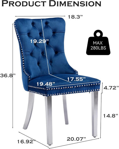 Velvet Upholstered Dining Chairs Set of 6, Modern Style Kitchen Side Chairs with Nailhead Trim and Silver Plated Leg, Metal Pulling Ring for Dining Room Living Room(Blue-Silver Plated Leg)