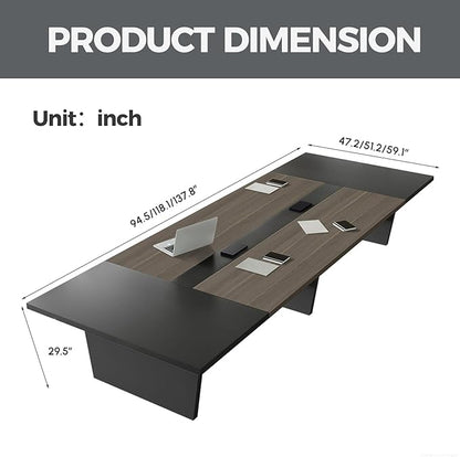 Modern Conference Table with Cable Management, Thickened Top & Trapezoidal Legs – Office Meeting Table for Executive Workspaces (Oak+Gray, 95" L